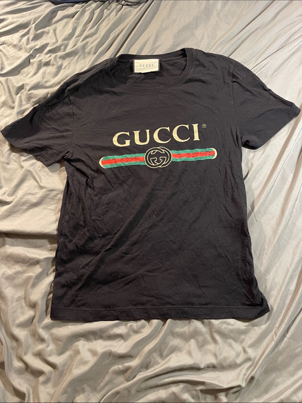 Gucci Black Tee with Gold Logo and Green-Red Web